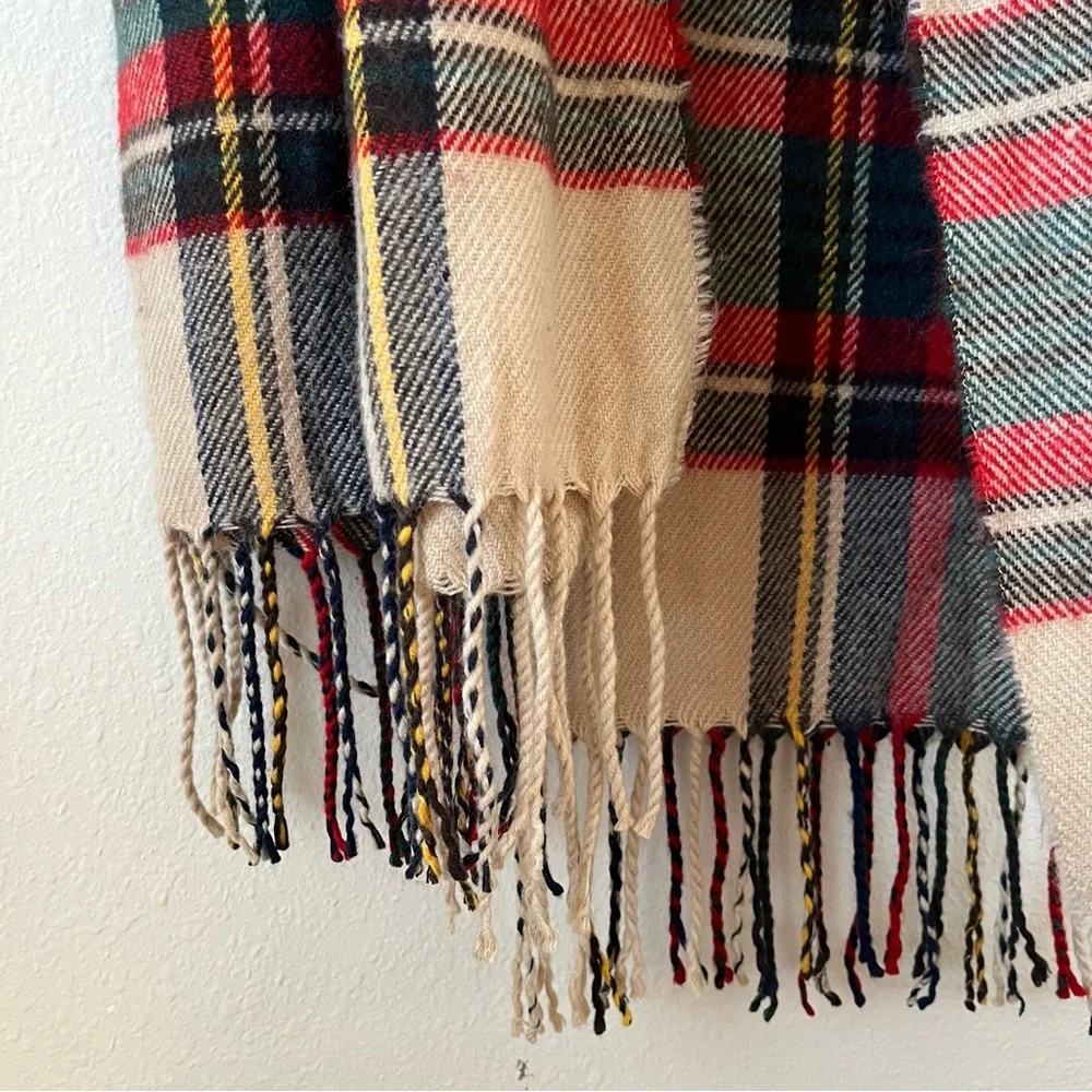 Free People Tartan Thick Warm Wool Scarf in Red Cream Green Multicolor Cozy - Picture 5 of 7